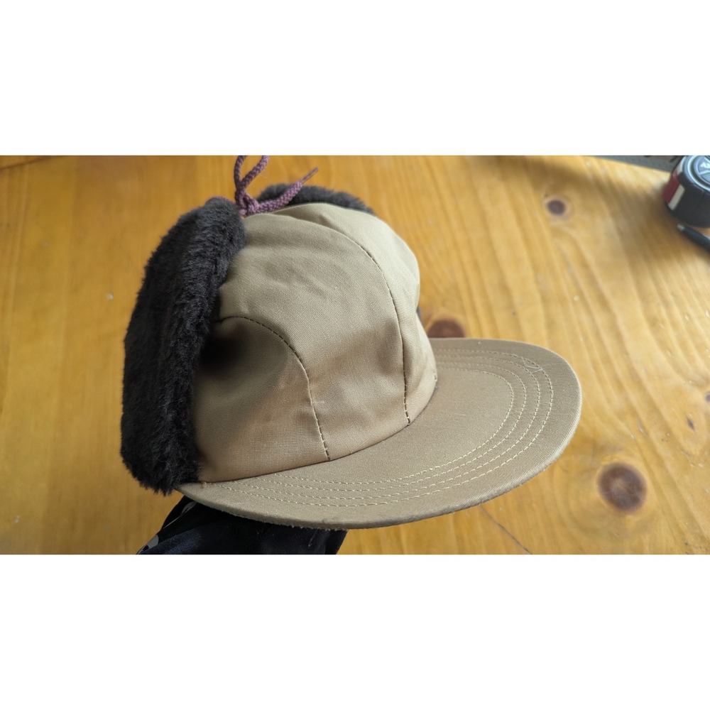 Vintage Made in USA Trapper Hat‎ Tan Canvas Faux Fur Ear Flaps Medium Mens Brown
